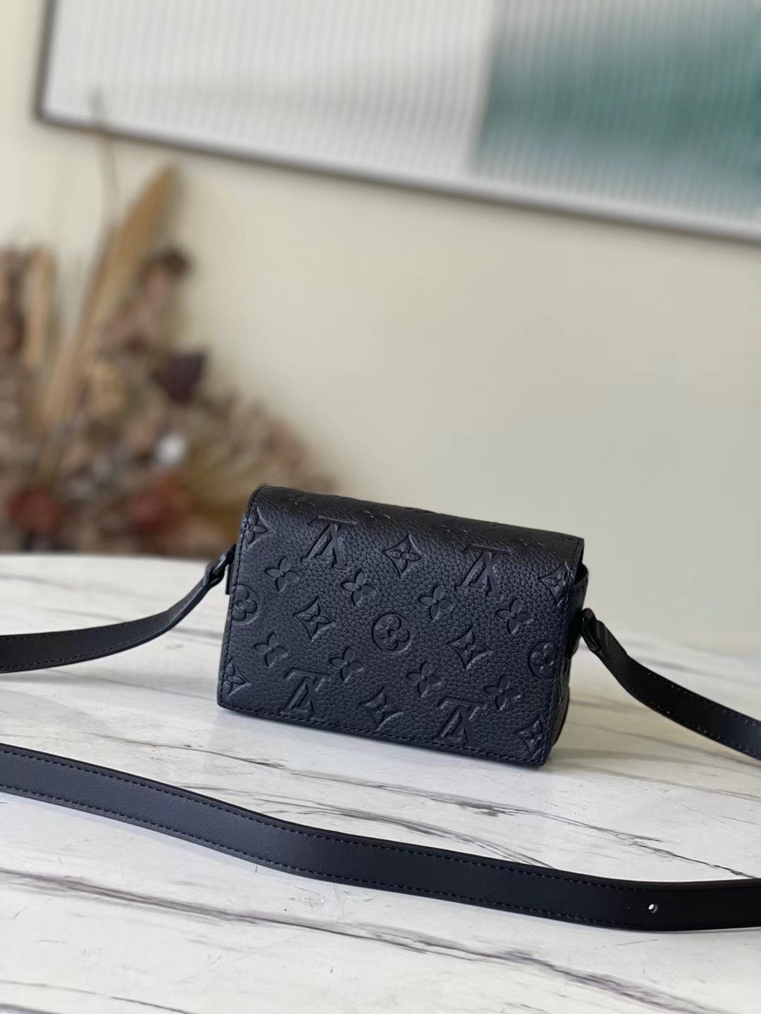 Louis Vuitton Matte Black Embossed Leather Crossbody Bag with Chain Detail