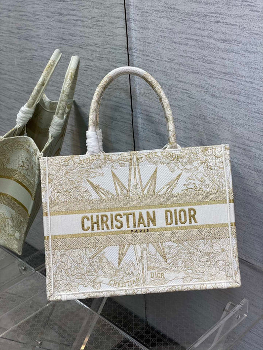 Dior Luxury Gold Celestial Star Embroidered Canvas Top Handle Tote Bag