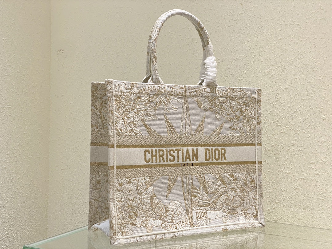 Dior Beige and Gold Embroidered Celestial Star Canvas Tote Bag