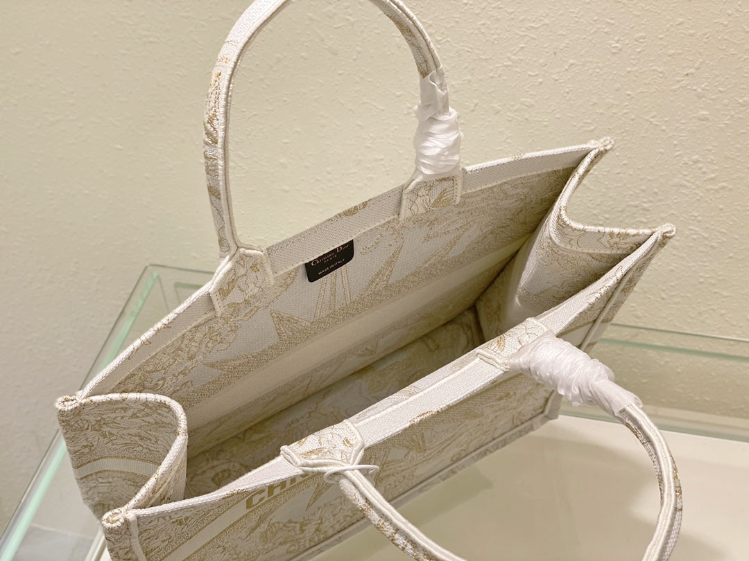 Dior Elegant Gold Star and Floral Embroidered Canvas Tote Bag