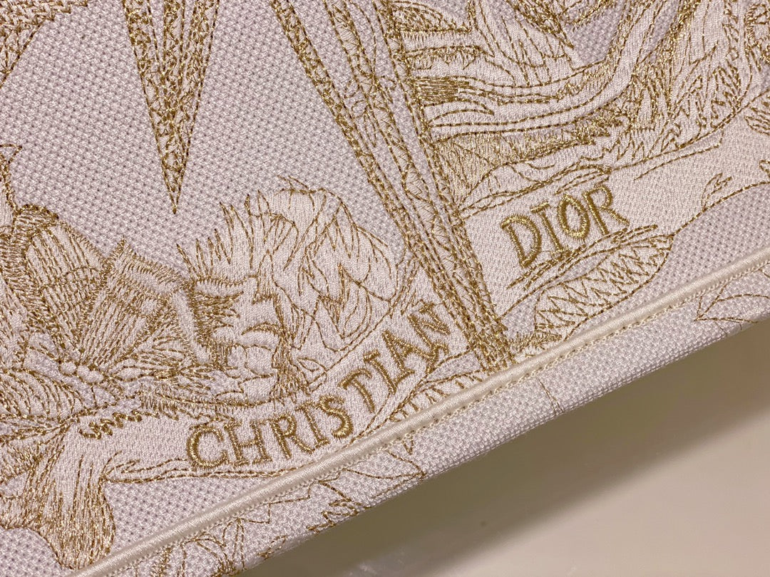 Christian Dior Medium Book Tote - Gold & White Rêve d'Infini Embroidered Canvas