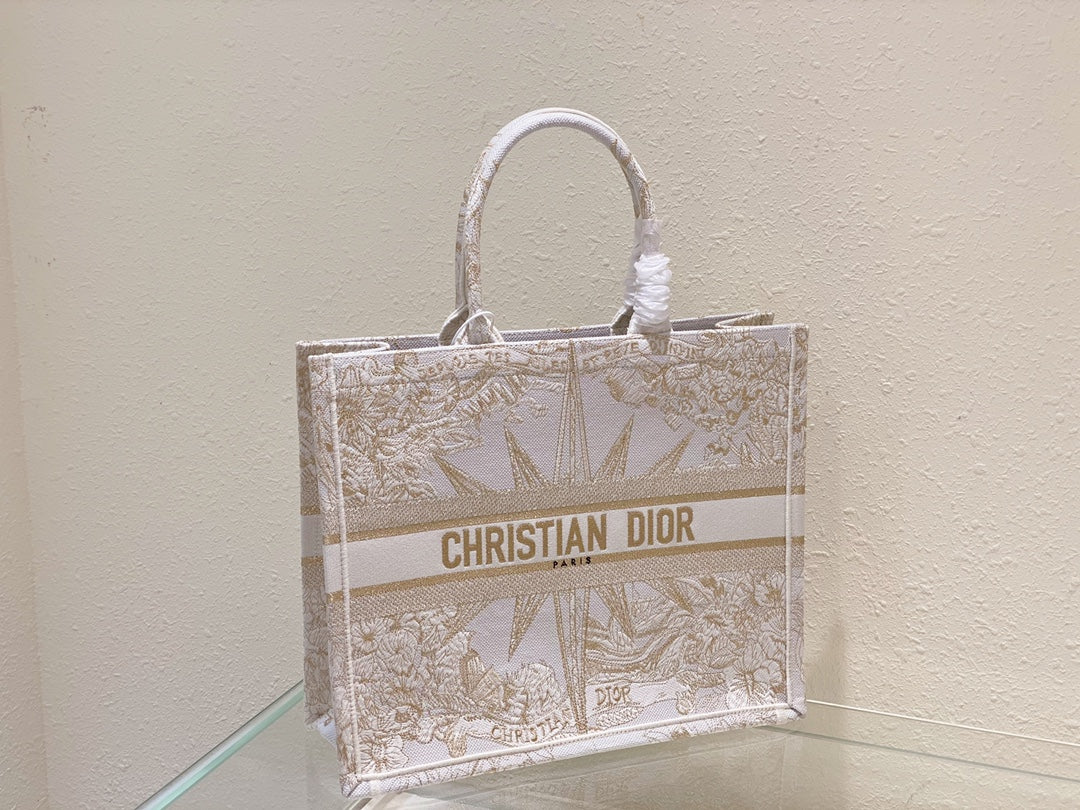 Christian Dior Medium Book Tote - White and Gold-Tone Dior Constellation Embroidery