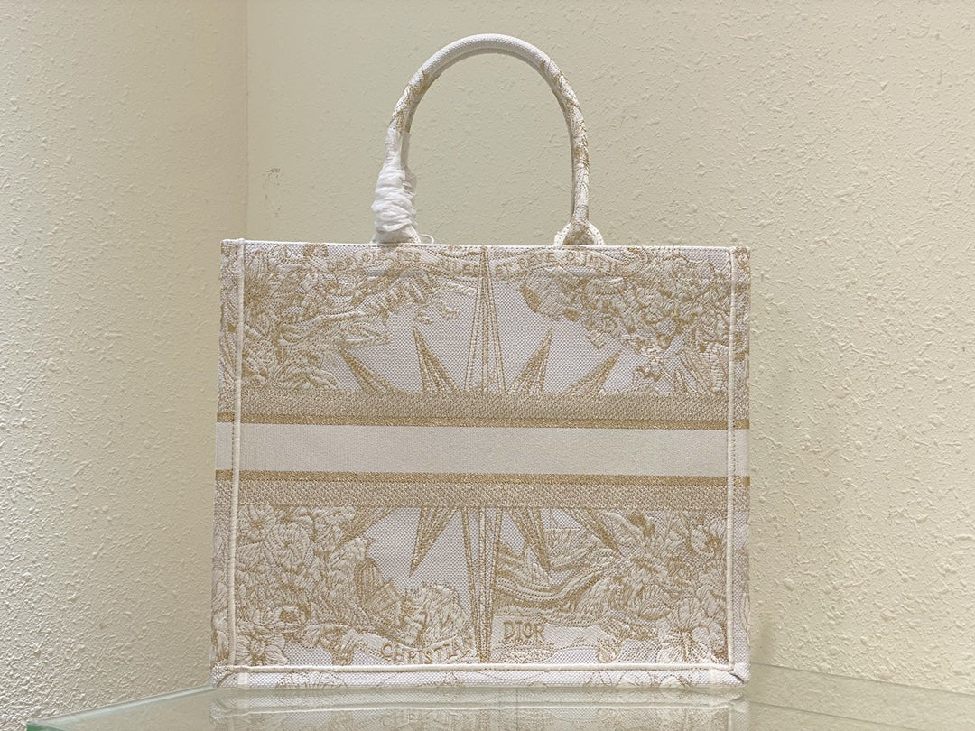 Christian Dior Medium Book Tote - Gold & White Rêve d'Infini Embroidered Canvas