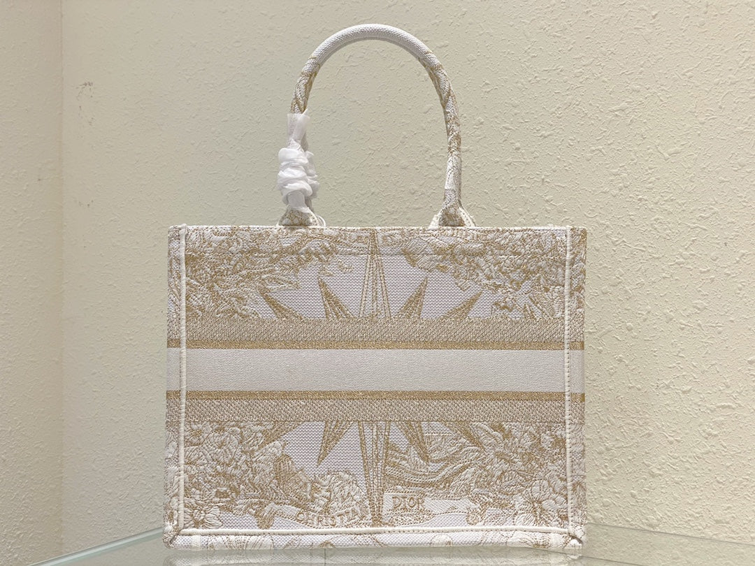 Dior Elegant Gold and White Embroidered Star Canvas Tote Bag