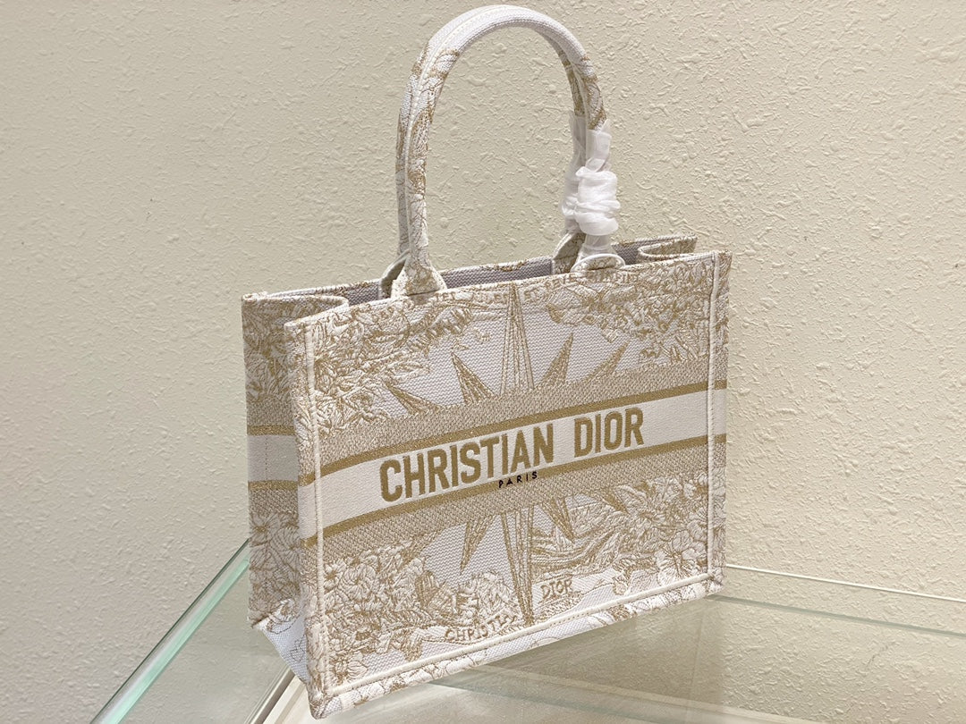 Christian Dior Book Tote Bag - White and Gold Toile de Jouy Zodiac Embroidery