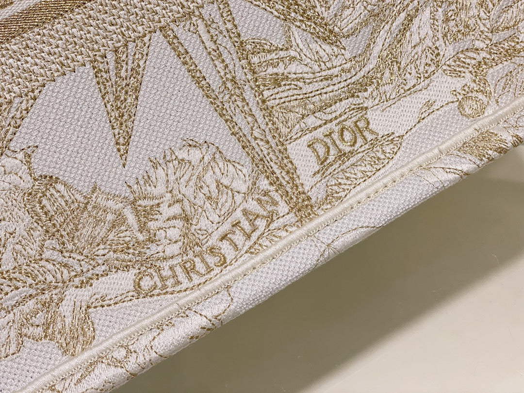 Christian Dior Book Tote Bag - White and Gold Toile de Jouy Zodiac Embroidery