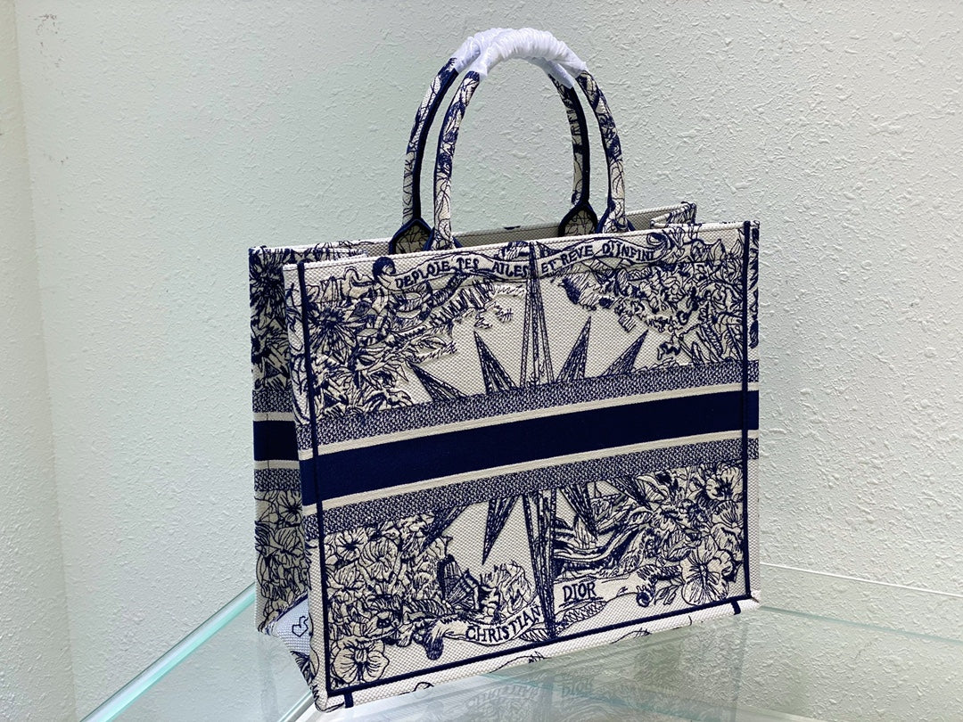 Dior Blue and White Toile Print Canvas Tote Handbag with Compass Star