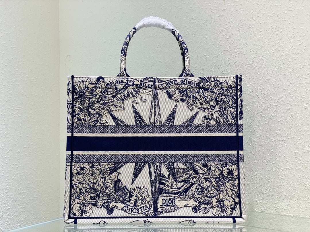 Dior Blue and White Toile Print Canvas Tote Handbag with Compass Star