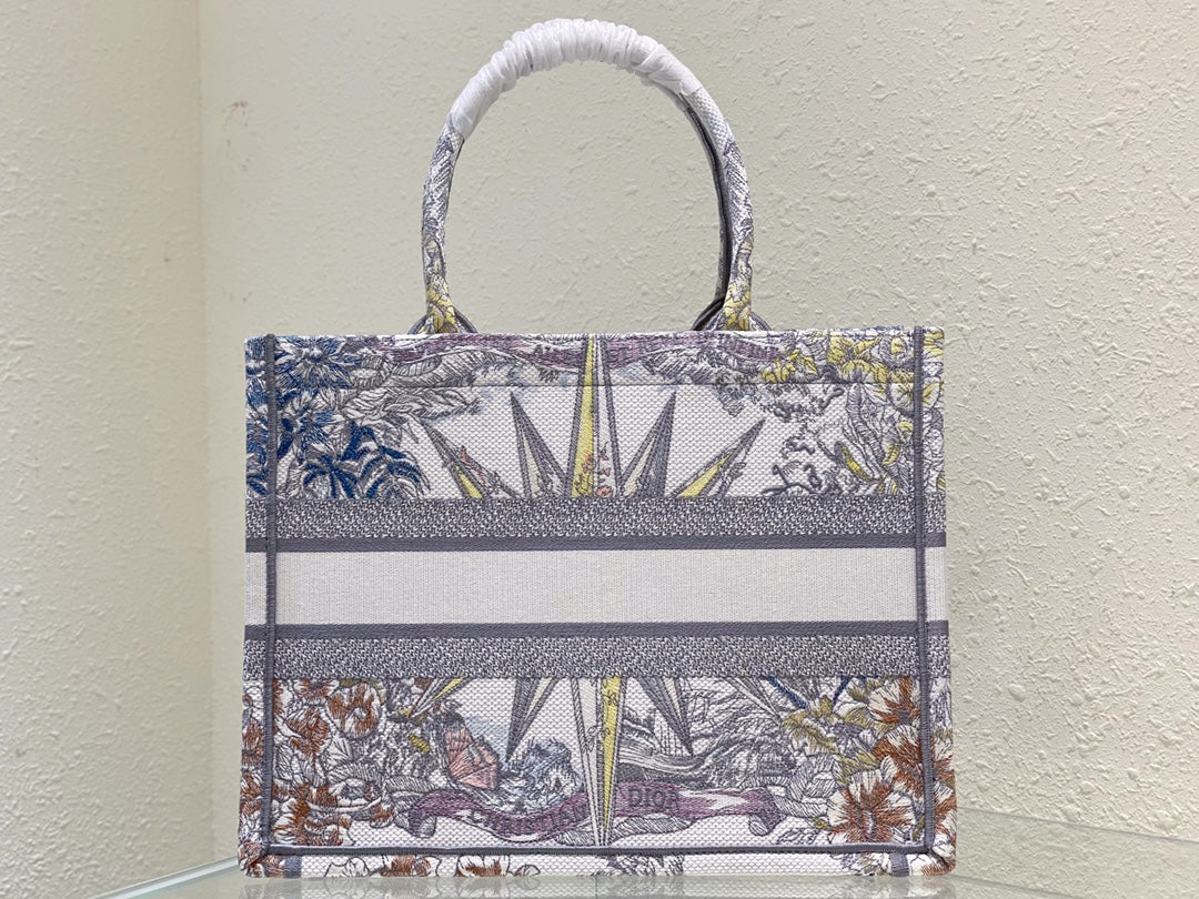 Dior Vintage Floral and Star Embroidered Canvas Top Handle Tote Bag