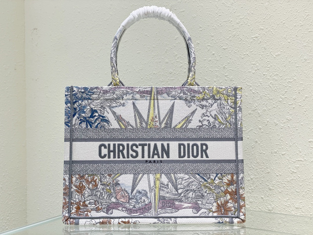 Dior Vintage Floral and Star Embroidered Canvas Top Handle Tote Bag