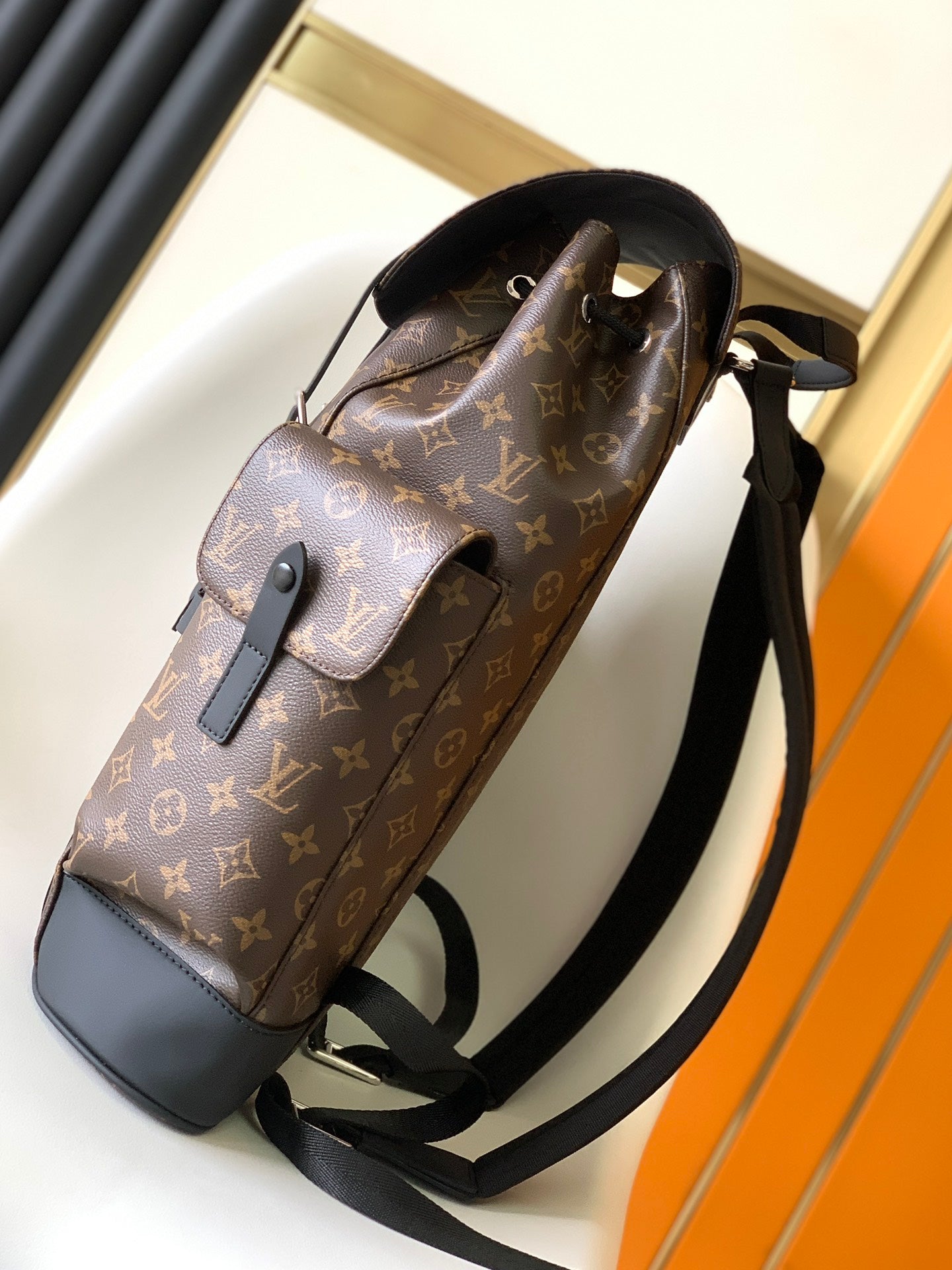 Louis Vuitton Classic Brown Monogram Pattern Backpack with Black Leather Straps