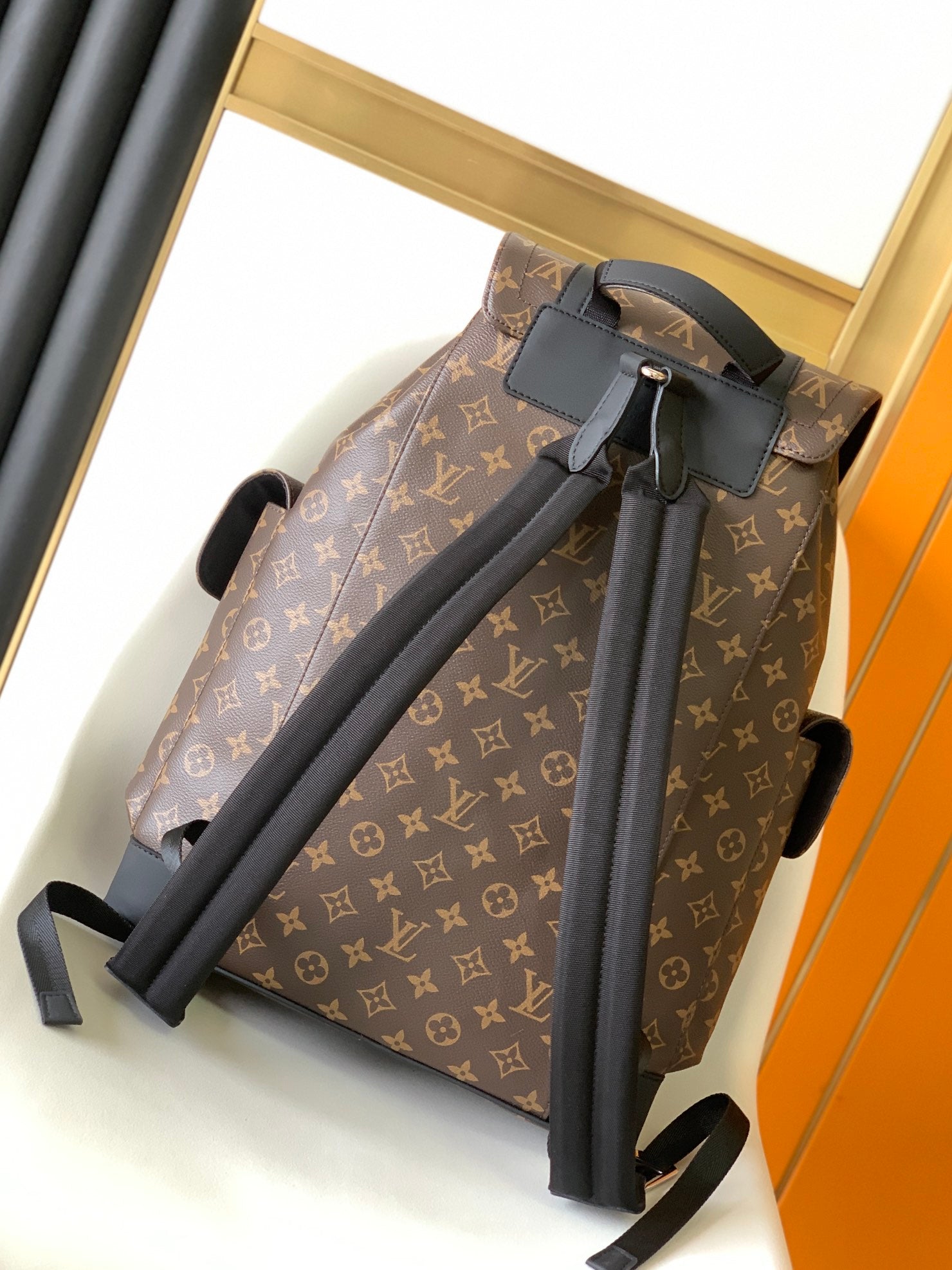 Louis Vuitton Classic Brown Monogram Pattern Backpack with Black Leather Straps