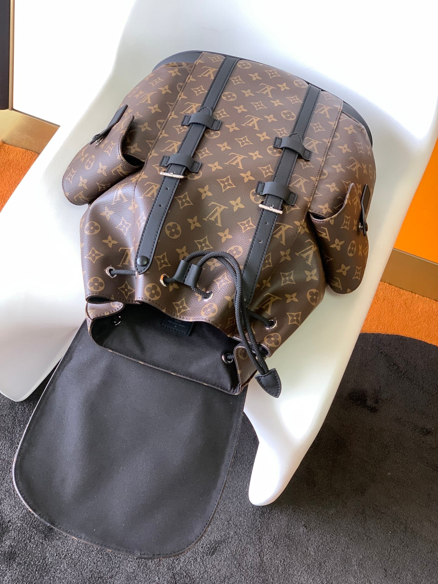 Louis Vuitton Classic Brown Monogram Pattern Backpack with Black Leather Straps
