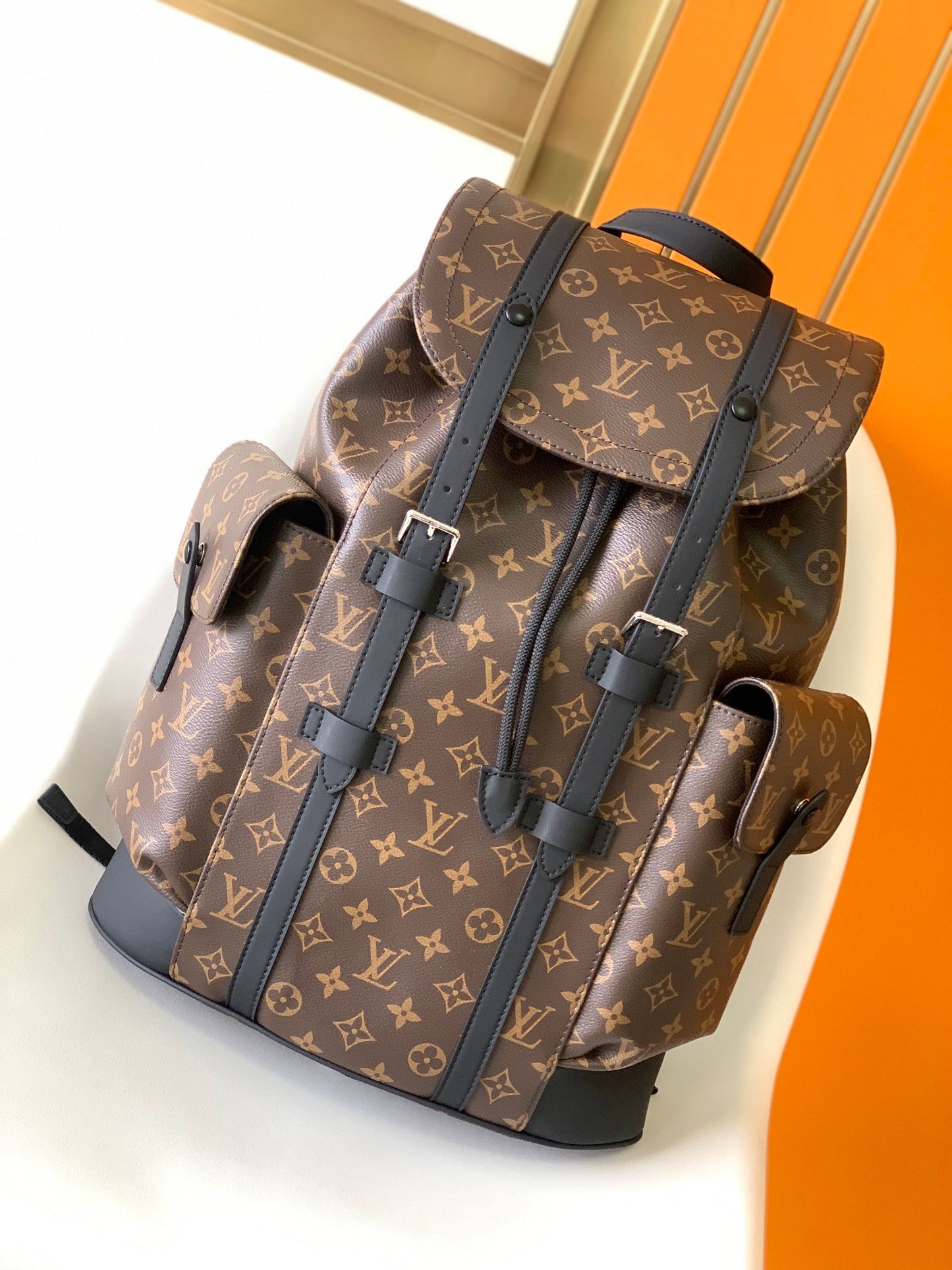Louis Vuitton Classic Brown Monogram Pattern Backpack with Black Leather Straps