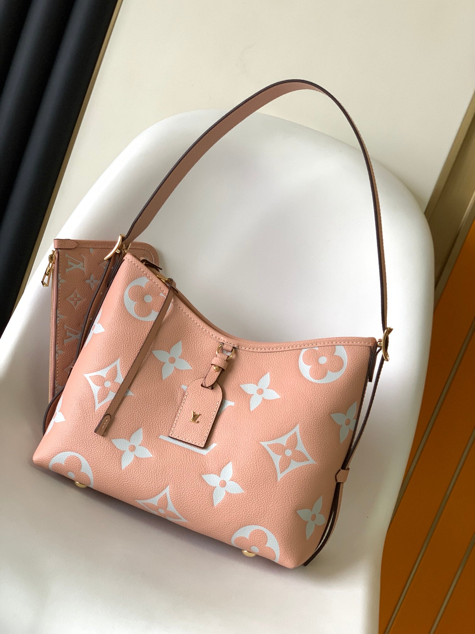 Louis Vuitton Pink Floral Pattern Leather Shoulder Bag Women's Hobo Handbag