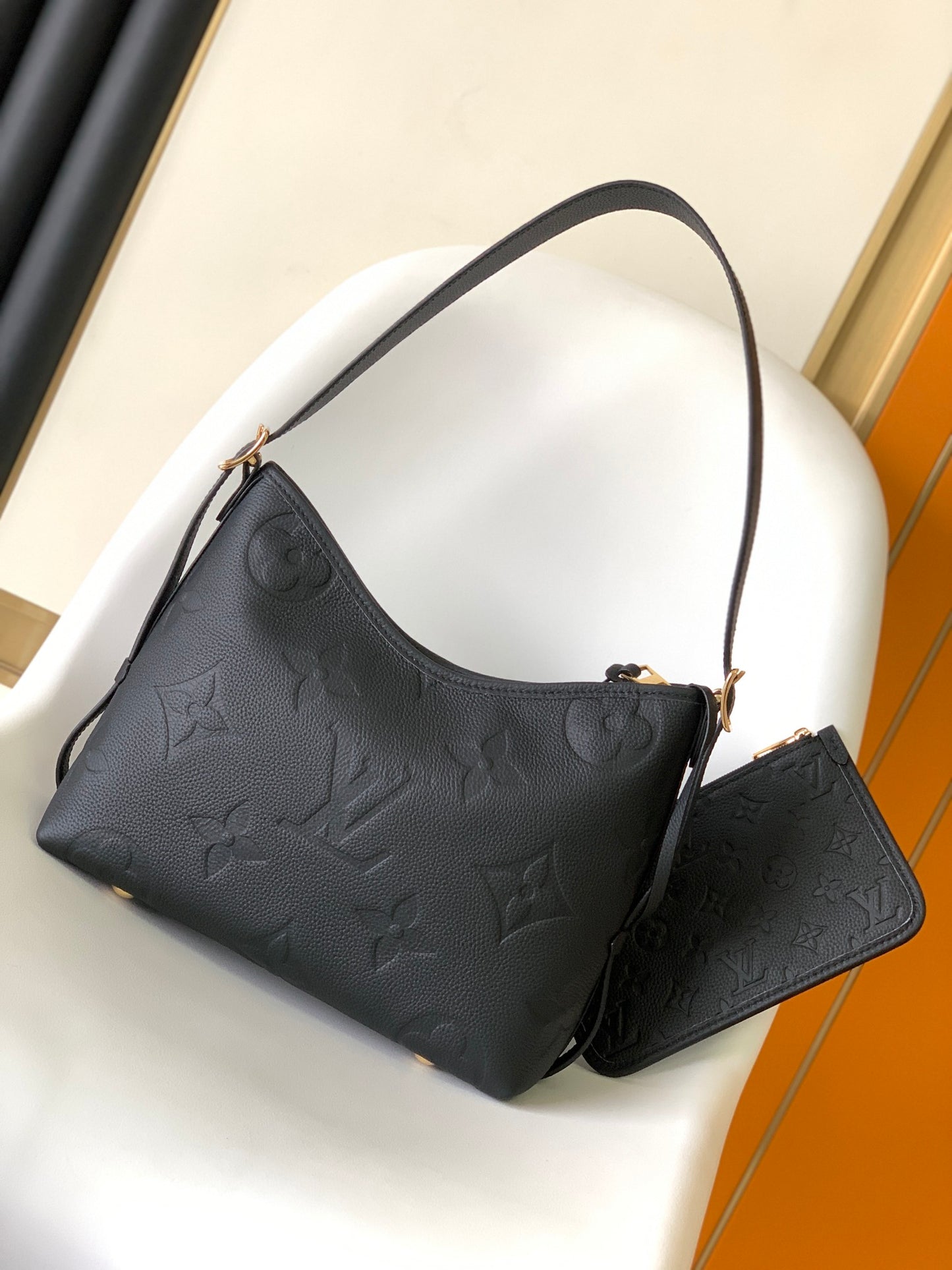 Louis Vuitton Black Embossed Shoulder Bag Textured Leather Hobo Purse