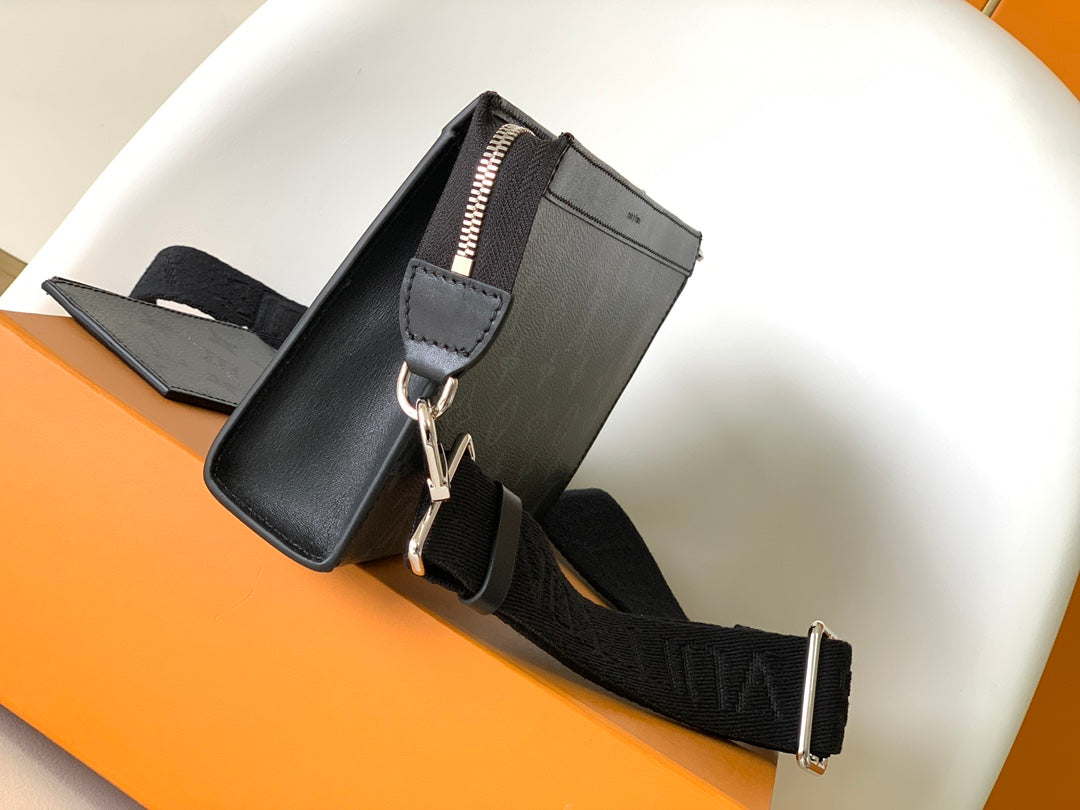 Louis Vuitton Modern Black Monogram Messenger Bag, Rectangular Crossbody Shoulder Bag