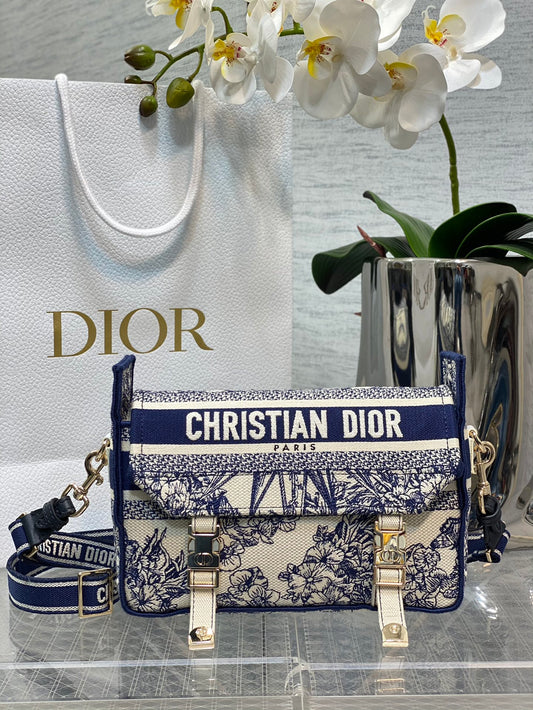 Dior Blue and White Floral Toile Embroidered Canvas Shoulder Bag with Strap