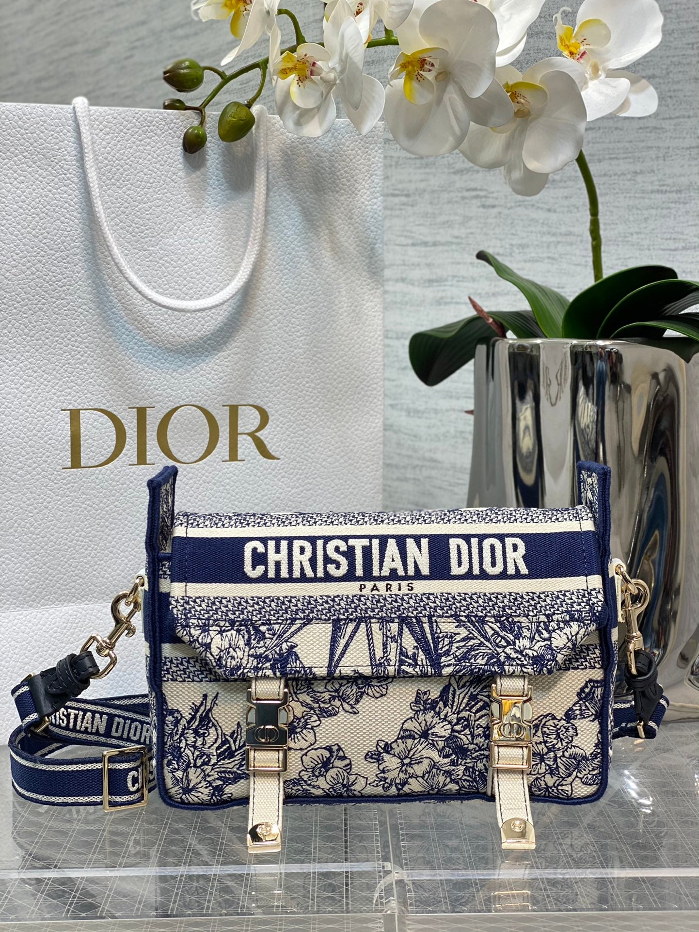 Dior Blue and White Floral Toile Embroidered Canvas Crossbody Bag