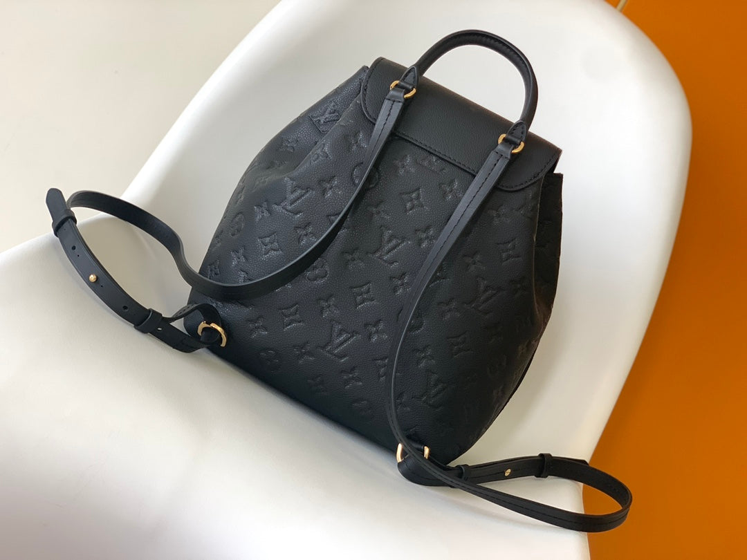 Louis Vuitton Elegant Black Embossed Leather Small Backpack with Flap Closure
