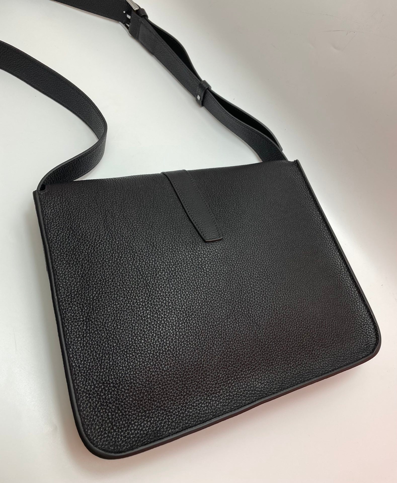 Black Pebbled Leather Messenger Bag with Adjustable Shoulder Strap