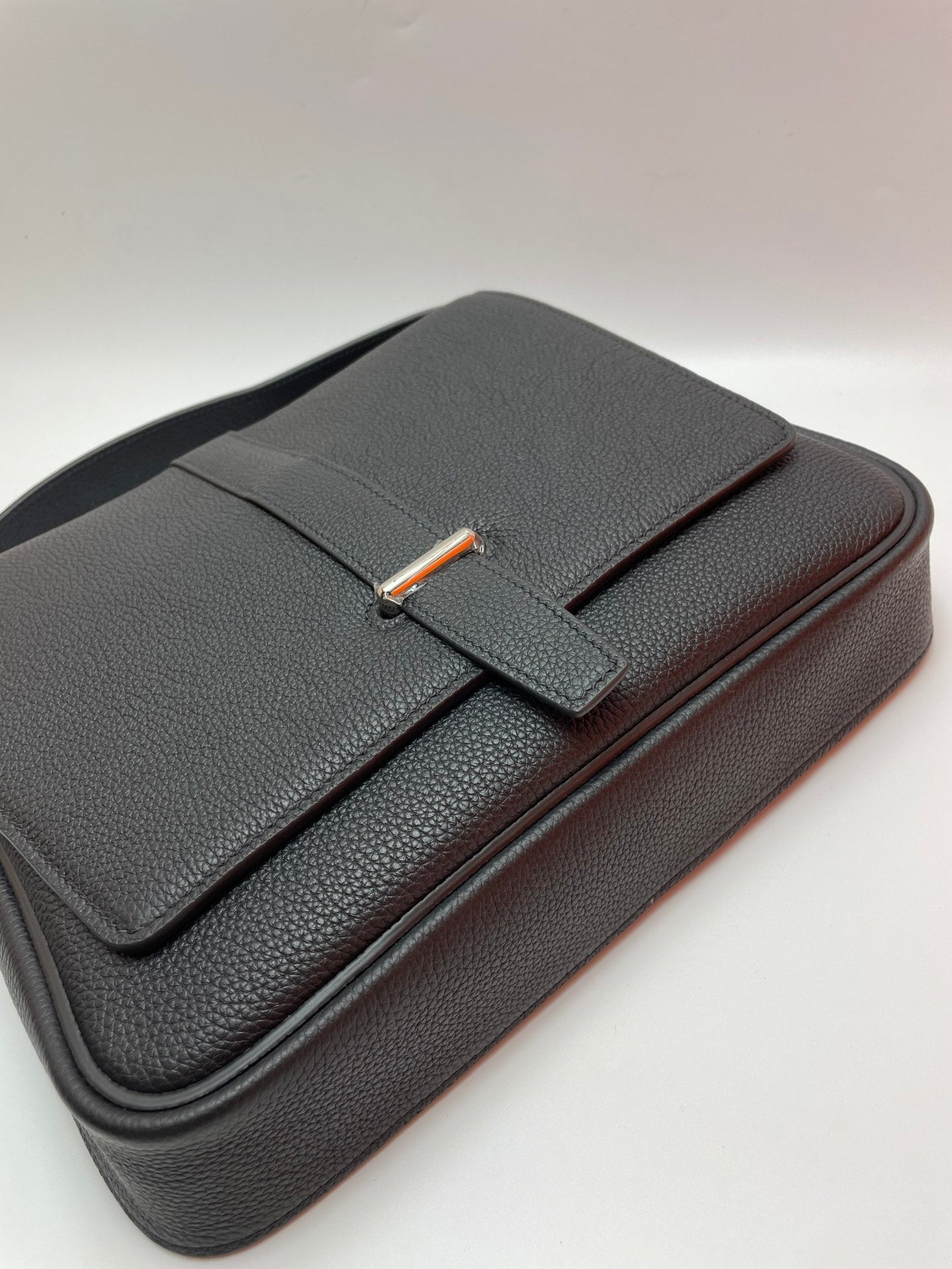 Black Pebbled Leather Messenger Bag with Adjustable Shoulder Strap