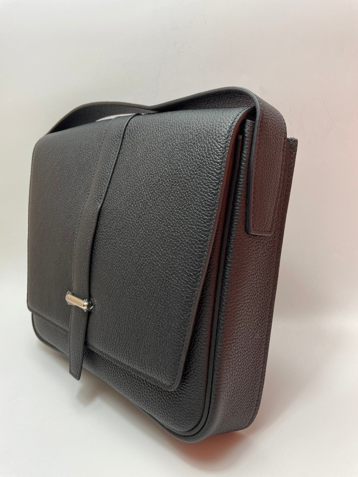 Black Pebbled Leather Messenger Bag with Adjustable Shoulder Strap