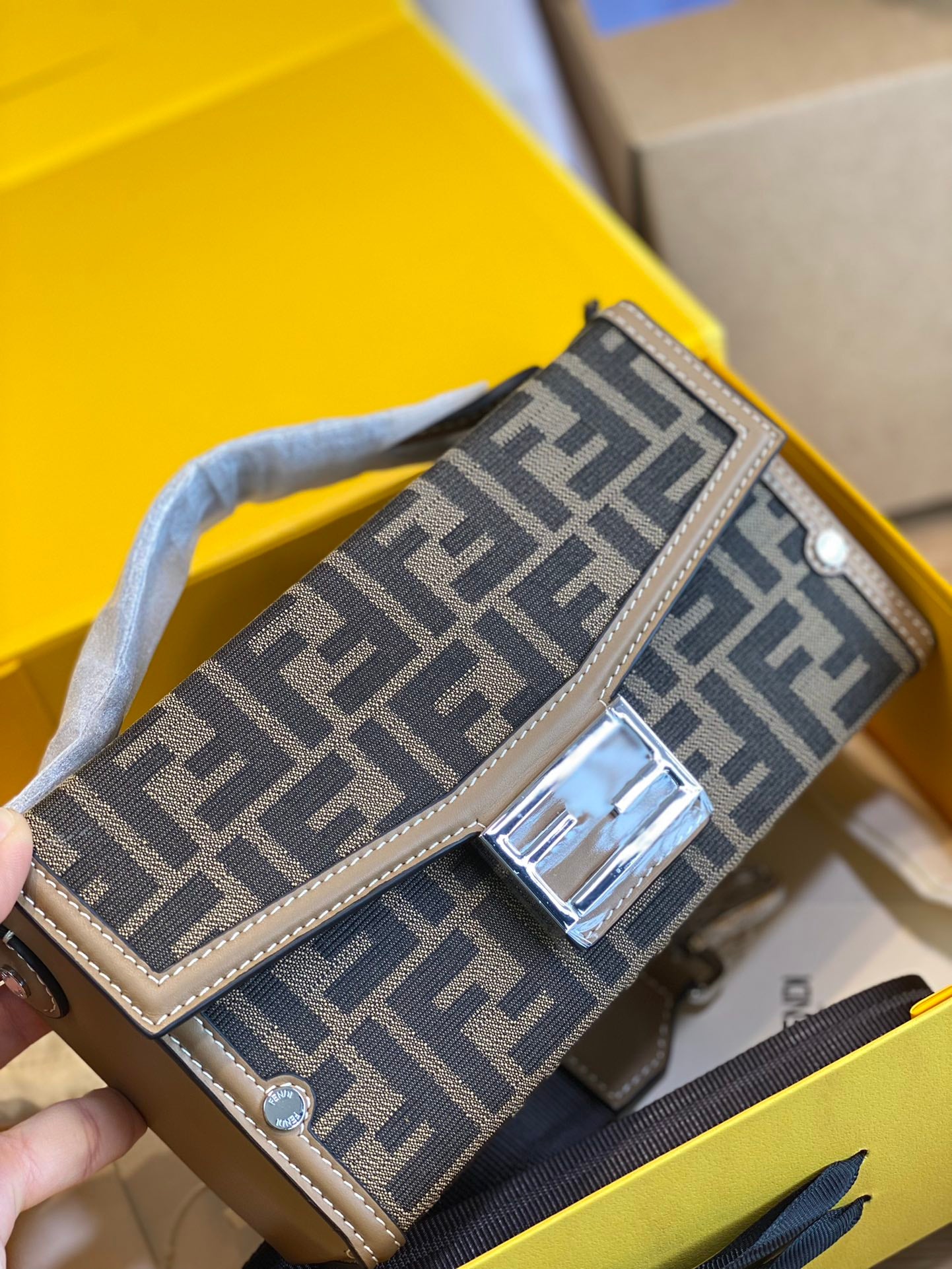 Fendi Baguette FF Monogram Fabric Shoulder Bag - Brown/Beige