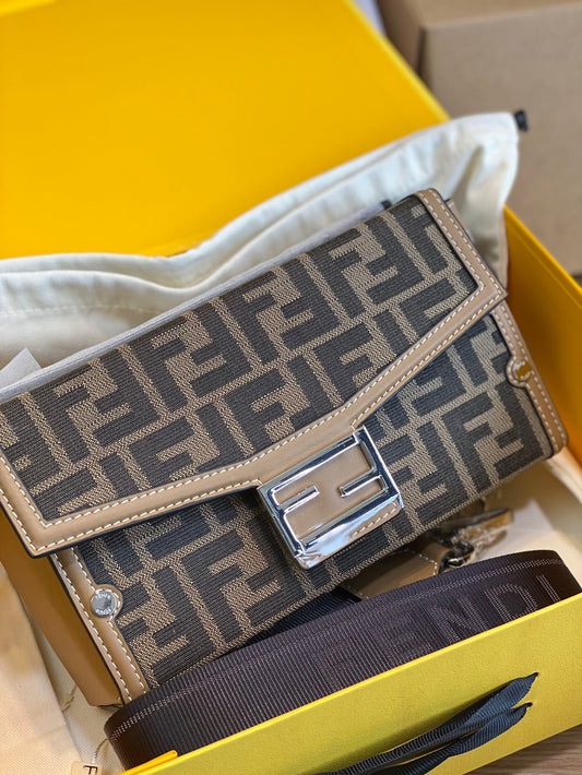 Fendi Baguette FF Monogram Fabric Shoulder Bag - Brown/Beige