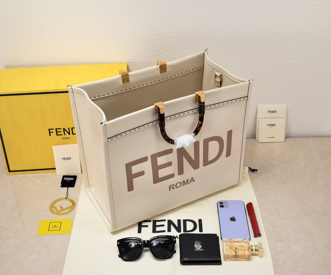 Fendi Sunshine Large White Canvas Shopper Tote Bag with Tortoiseshell Handles
