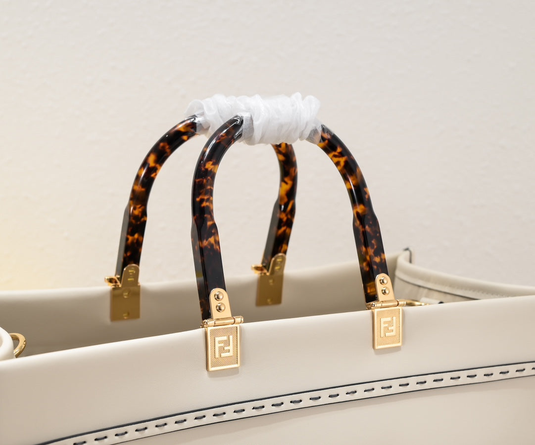 Fendi Sunshine Large Sunshine Shopper Bag - Cream Canvas with Tortoiseshell Handles
