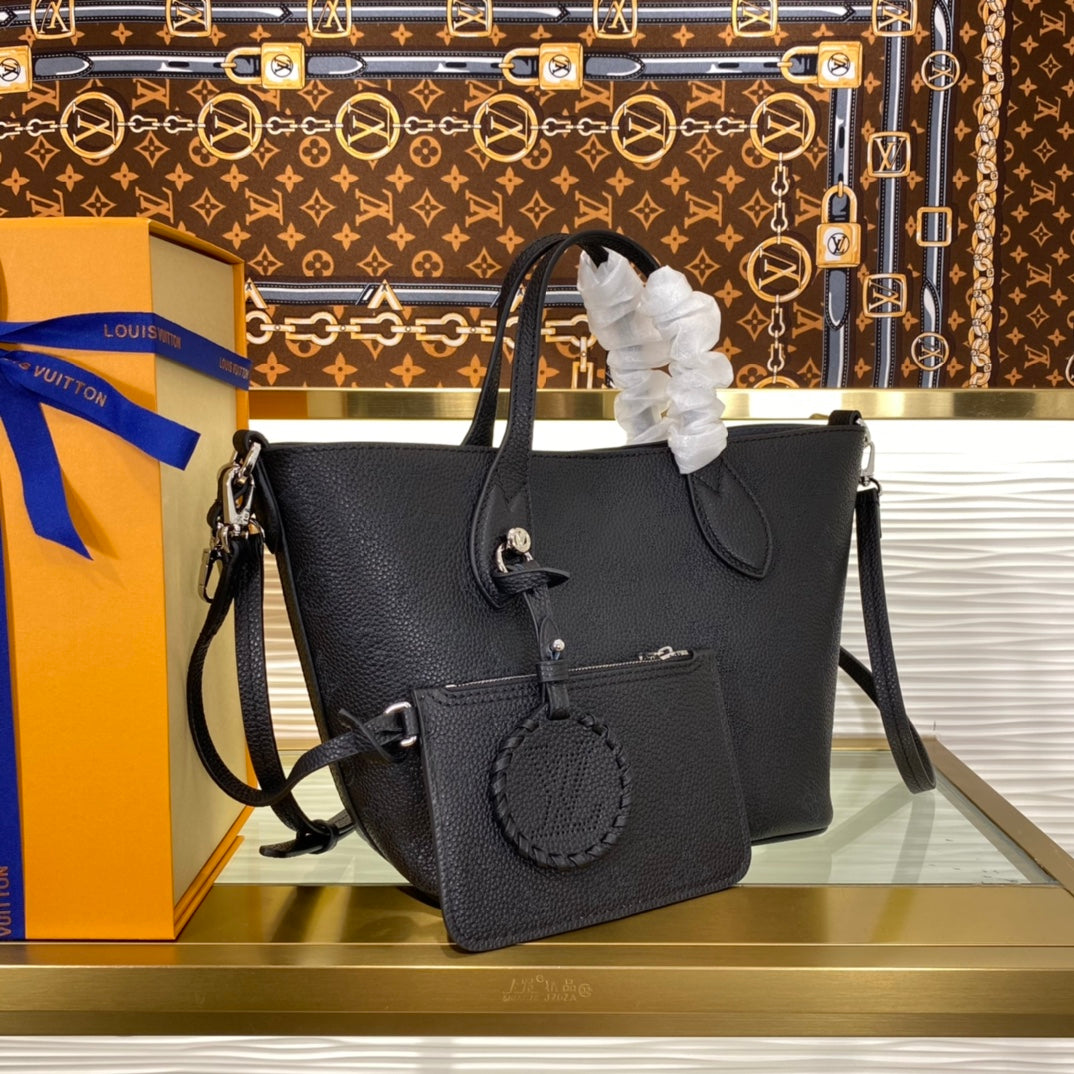 Louis Vuitton Elegant Dark Grey Embossed Leather Tote Handbag and Pouch Set