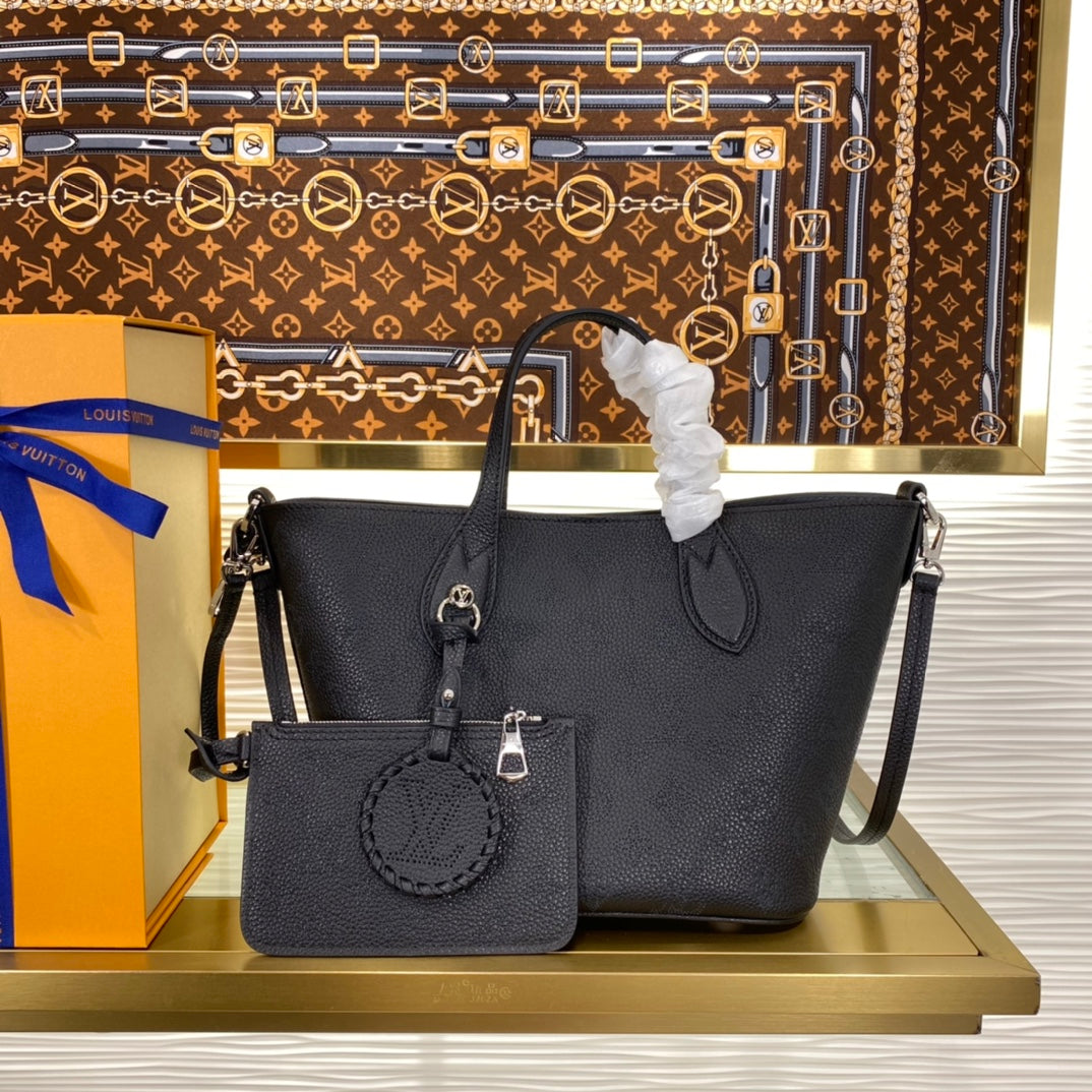 Louis Vuitton Elegant Dark Grey Embossed Leather Tote Handbag and Pouch Set