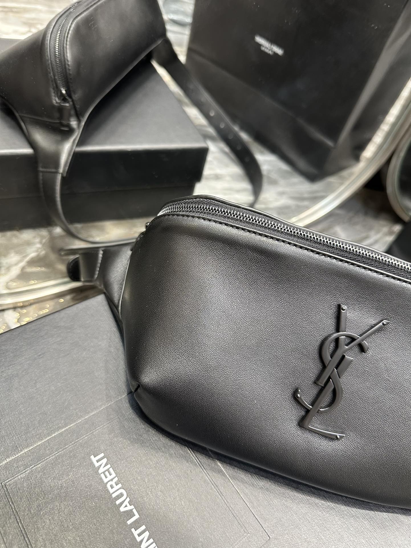 Saint Laurent Monogram Leather Belt Bag - Black with Matte Black Hardware
