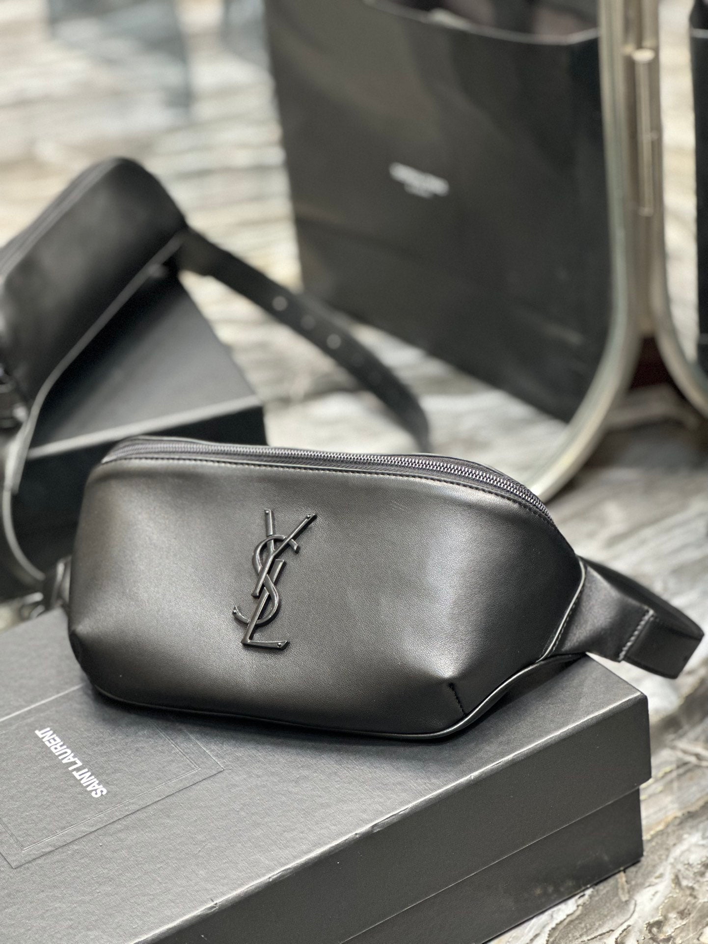 Saint Laurent Monogram Leather Belt Bag - Black with Matte Black Hardware