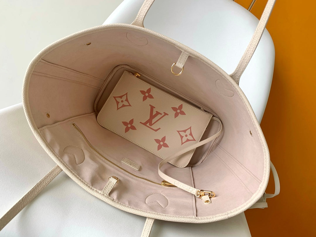 Louis Vuitton Classic Beige Leather Tote Bag with Pink Monogram Pattern