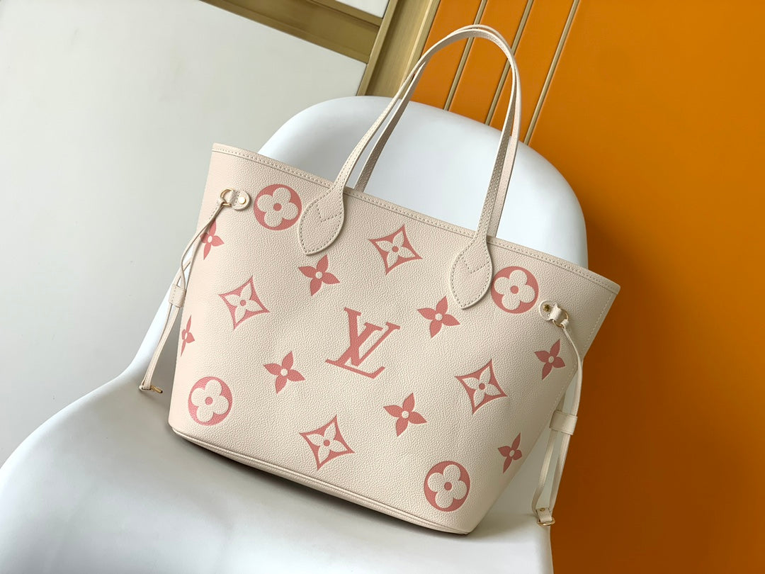 Louis Vuitton Classic Beige Leather Tote Bag with Pink Monogram Pattern