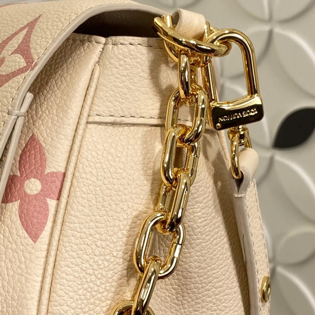 Louis Vuitton Elegant Beige Embossed Leather Shoulder Bag with Gold Chain
