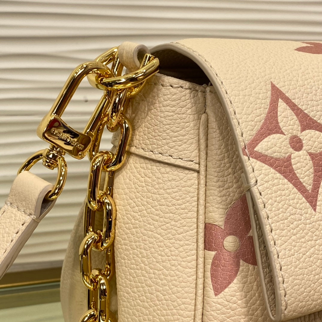 Louis Vuitton Elegant Beige Embossed Leather Shoulder Bag with Gold Chain