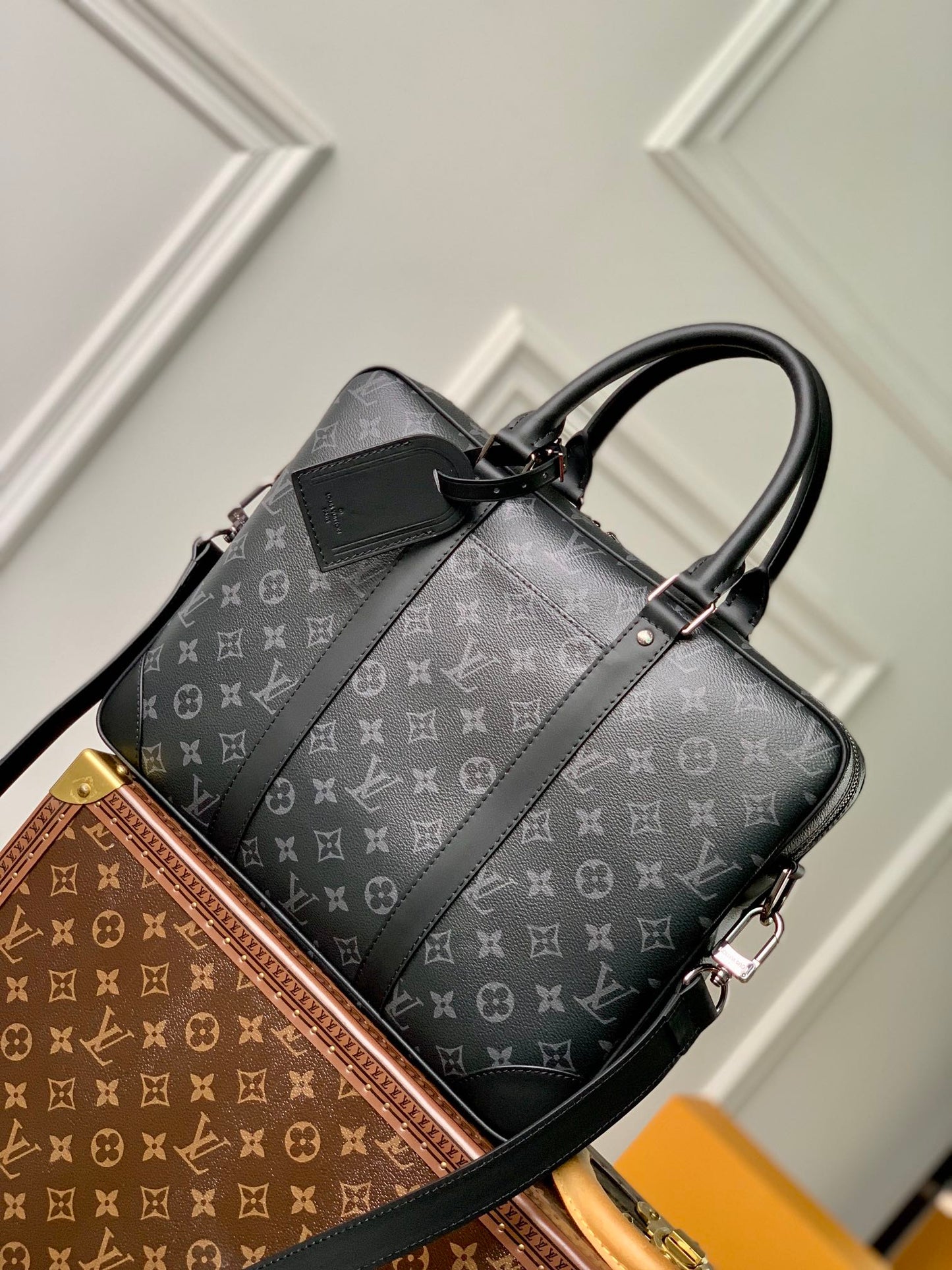 Louis Vuitton Men's Dark Grey Monogram Pattern Laptop Briefcase with Shoulder Strap