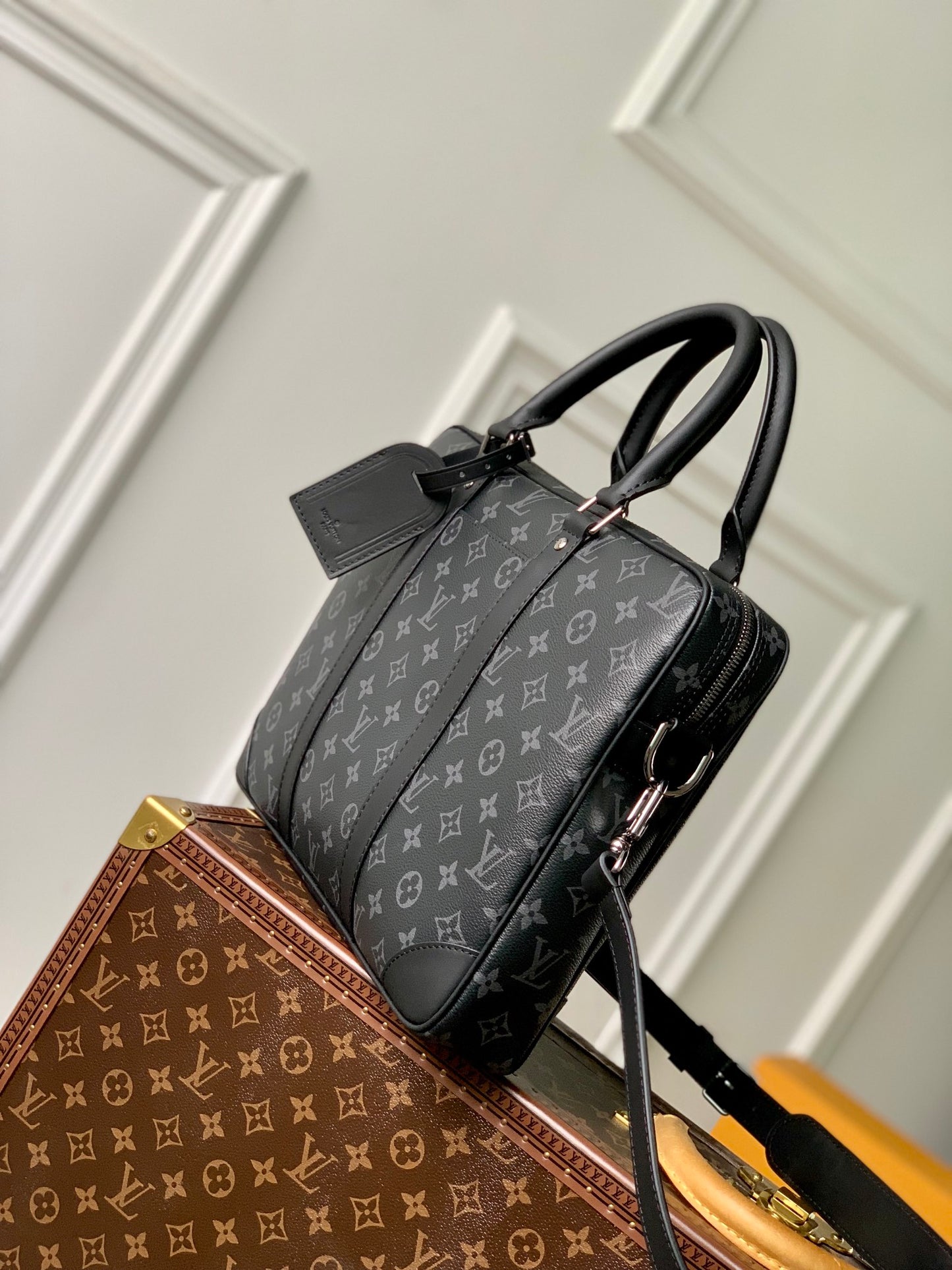 Louis Vuitton Men's Dark Grey Monogram Pattern Laptop Briefcase with Shoulder Strap