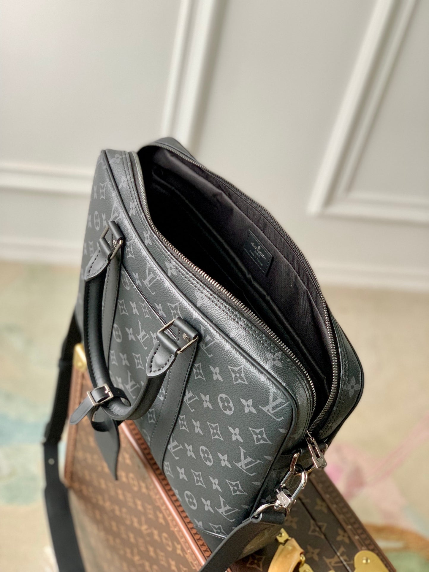 Louis Vuitton Men's Dark Grey Monogram Pattern Laptop Briefcase with Shoulder Strap