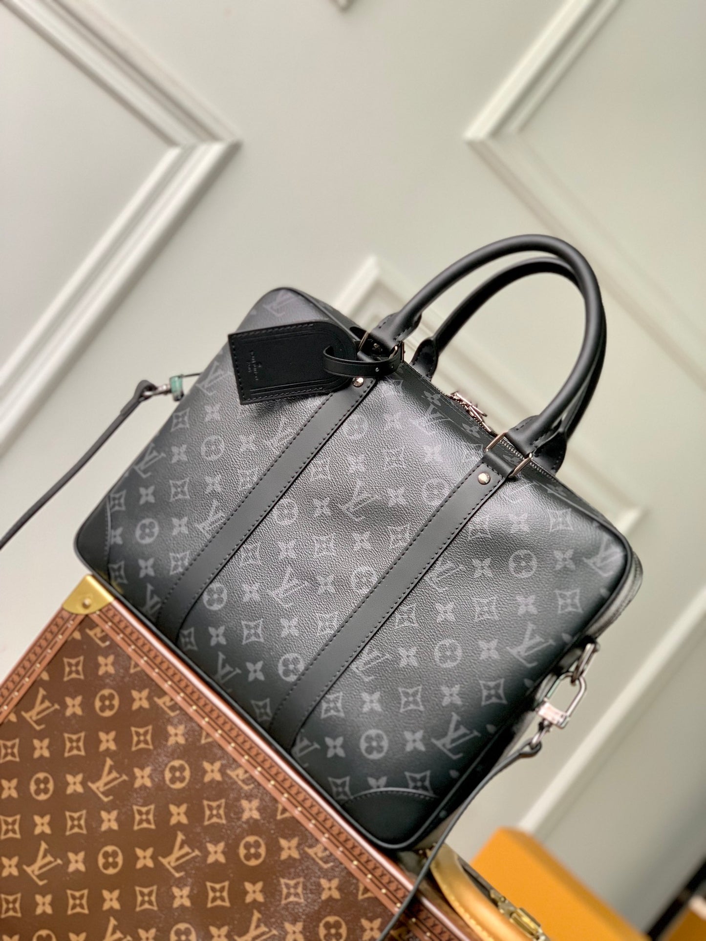 Louis Vuitton Men's Dark Grey Monogram Pattern Laptop Briefcase with Shoulder Strap