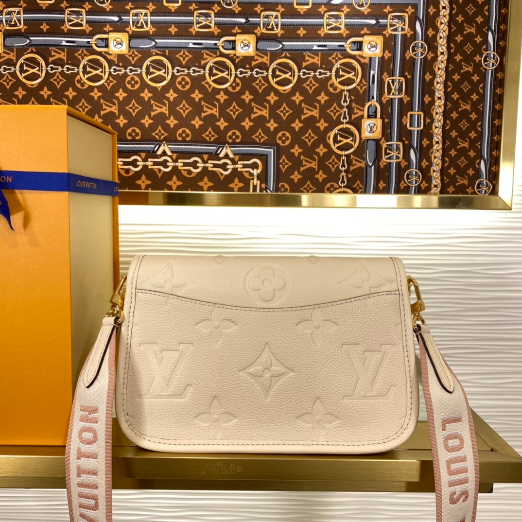 Louis Vuitton Classic Cream Embossed Leather Shoulder Bag with Gold Buckle