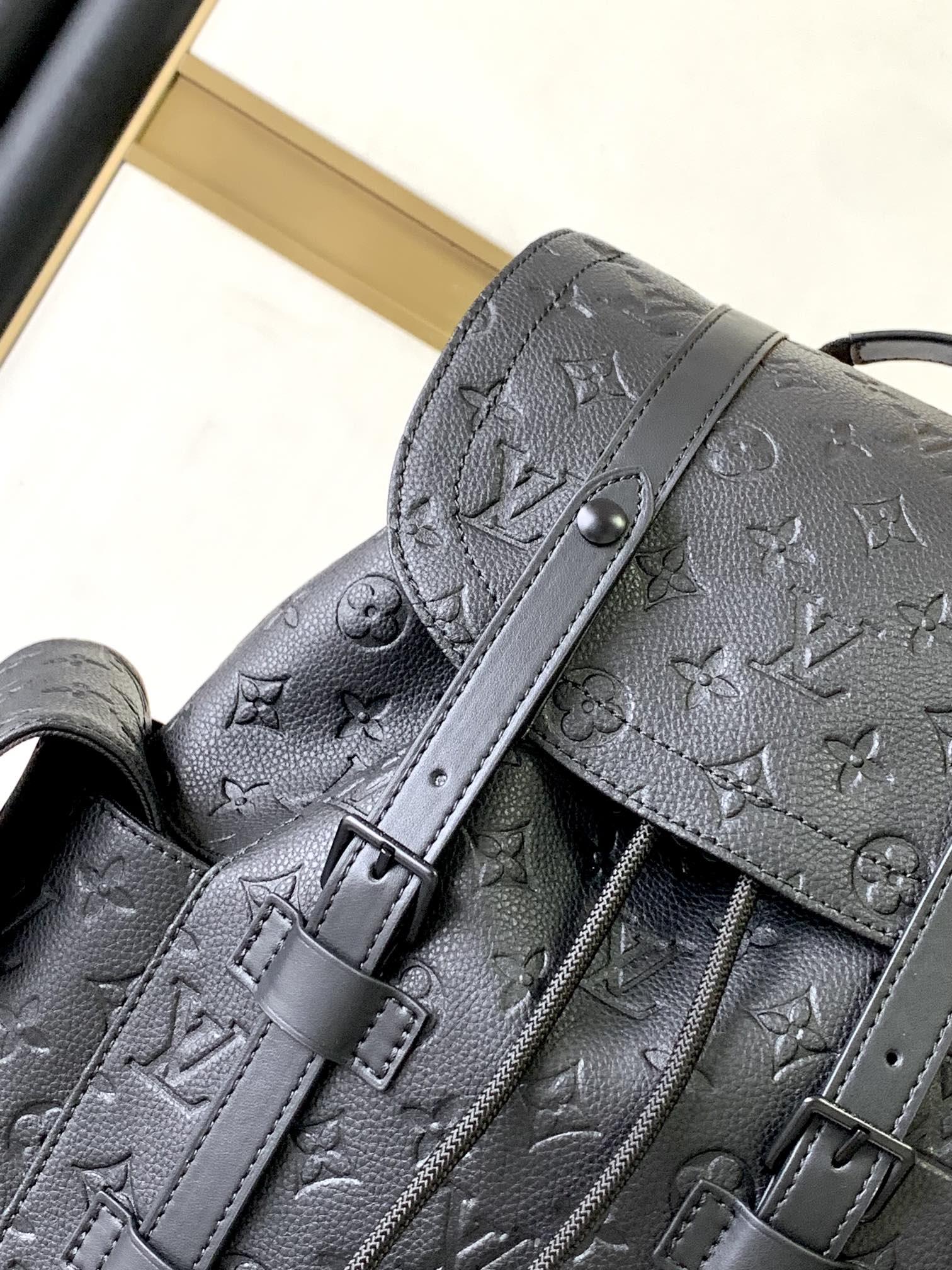 Louis Vuitton Luxury Black Embossed Leather Backpack with Side Pockets