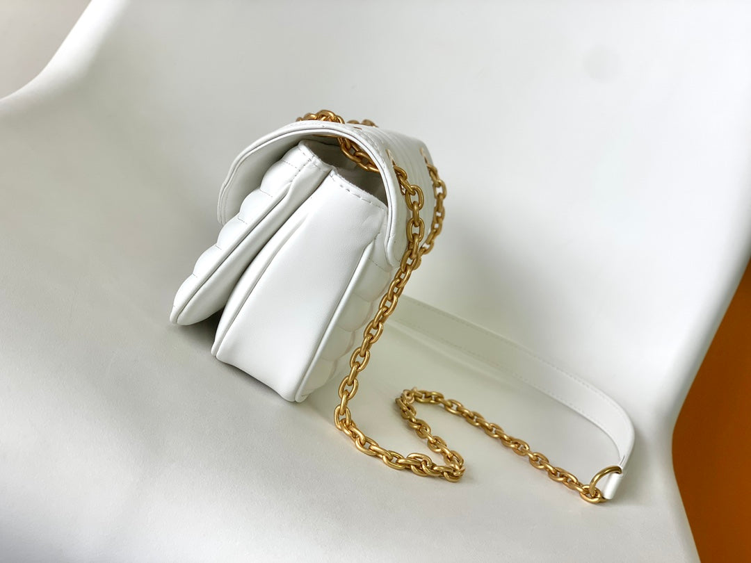 Louis Vuitton Elegant White Chevron Quilted Leather Handbag with Gold Chain