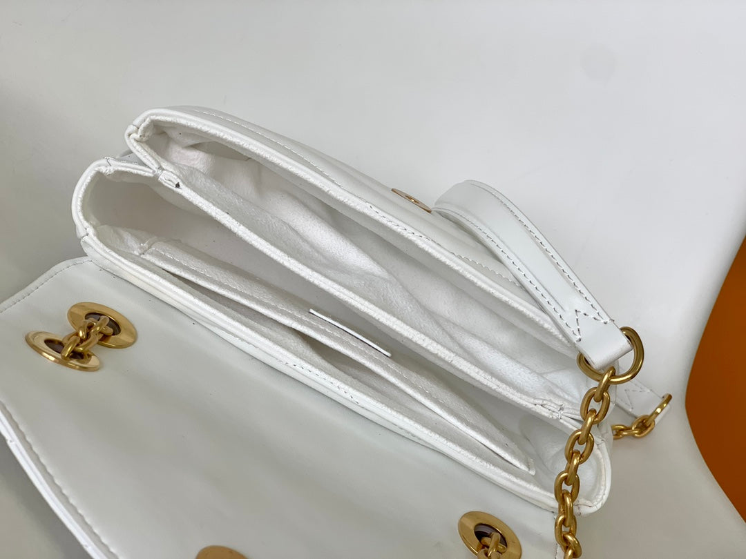 Louis Vuitton Elegant White Chevron Quilted Leather Handbag with Gold Chain