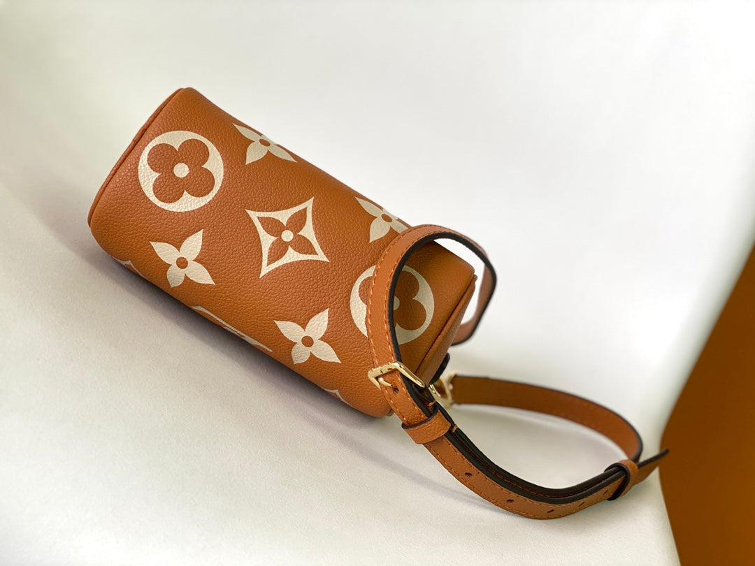 Louis Vuitton Classic Tan Monogram Mini Duffle Handbag with Adjustable Shoulder Strap