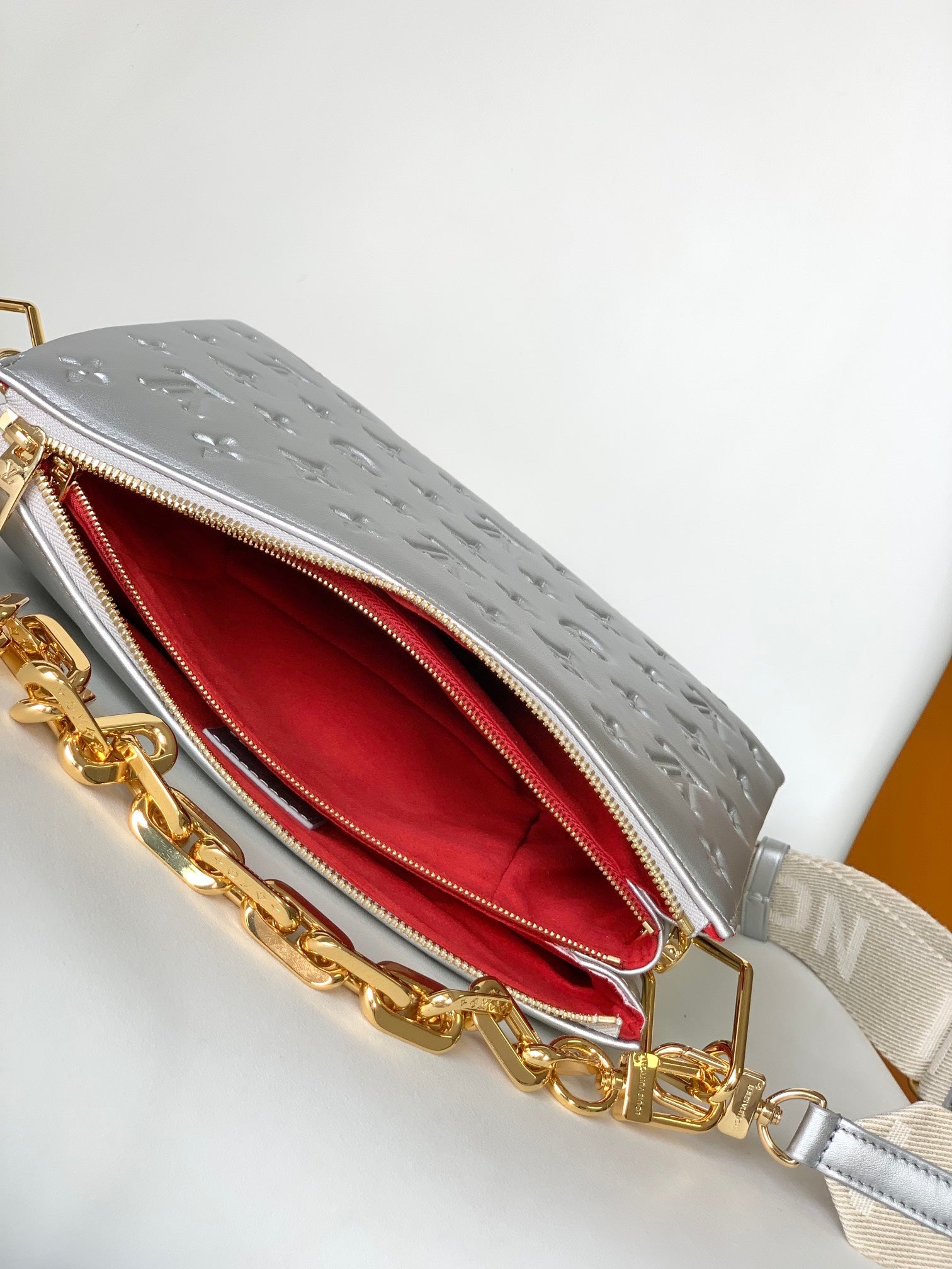 Louis Vuitton Metallic Silver Embossed Shoulder Bag with Chunky Chain Strap