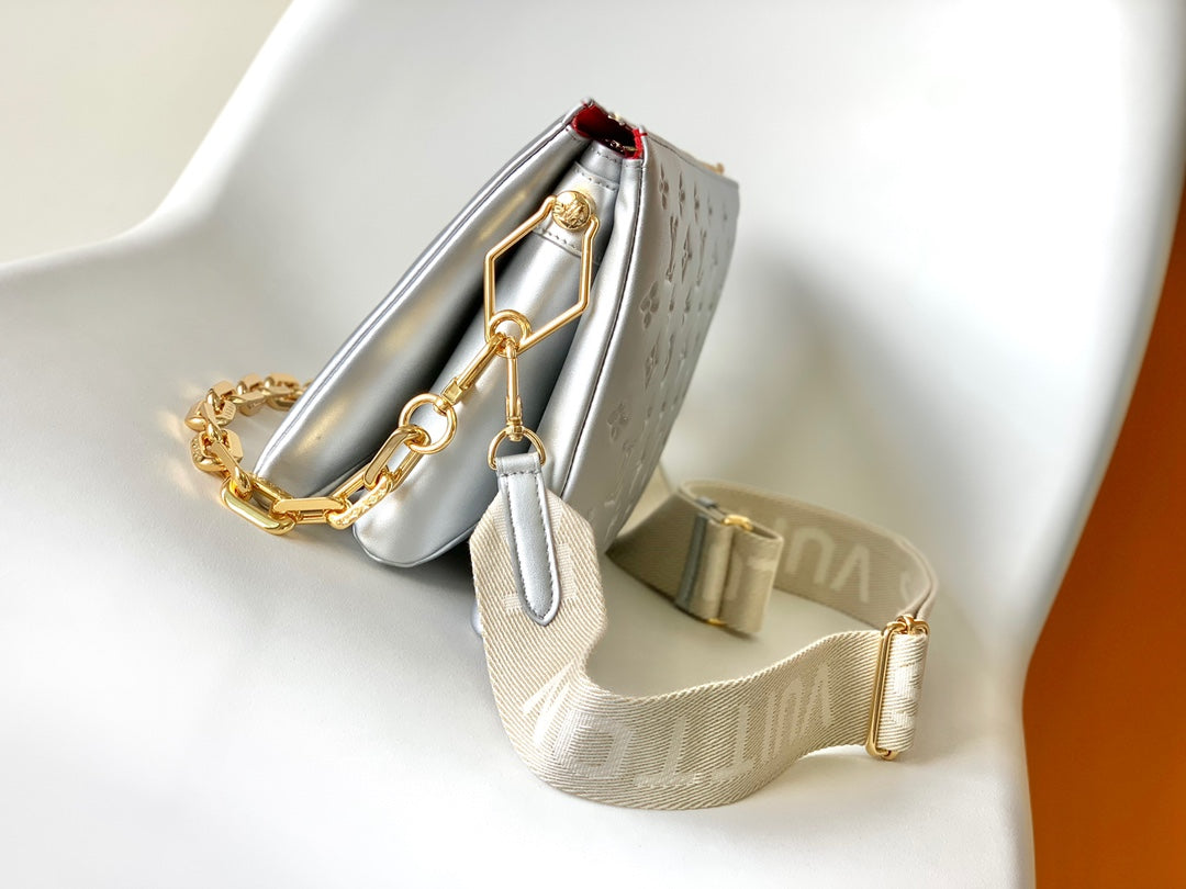 Louis Vuitton Metallic Silver Embossed Shoulder Bag with Chunky Chain Strap